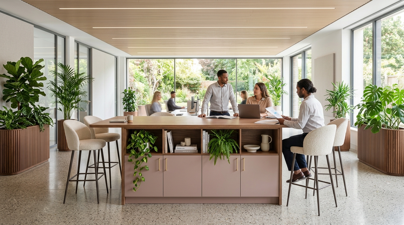 Joy Collection collaboration island in Rosa Viola with walnut woodgrain